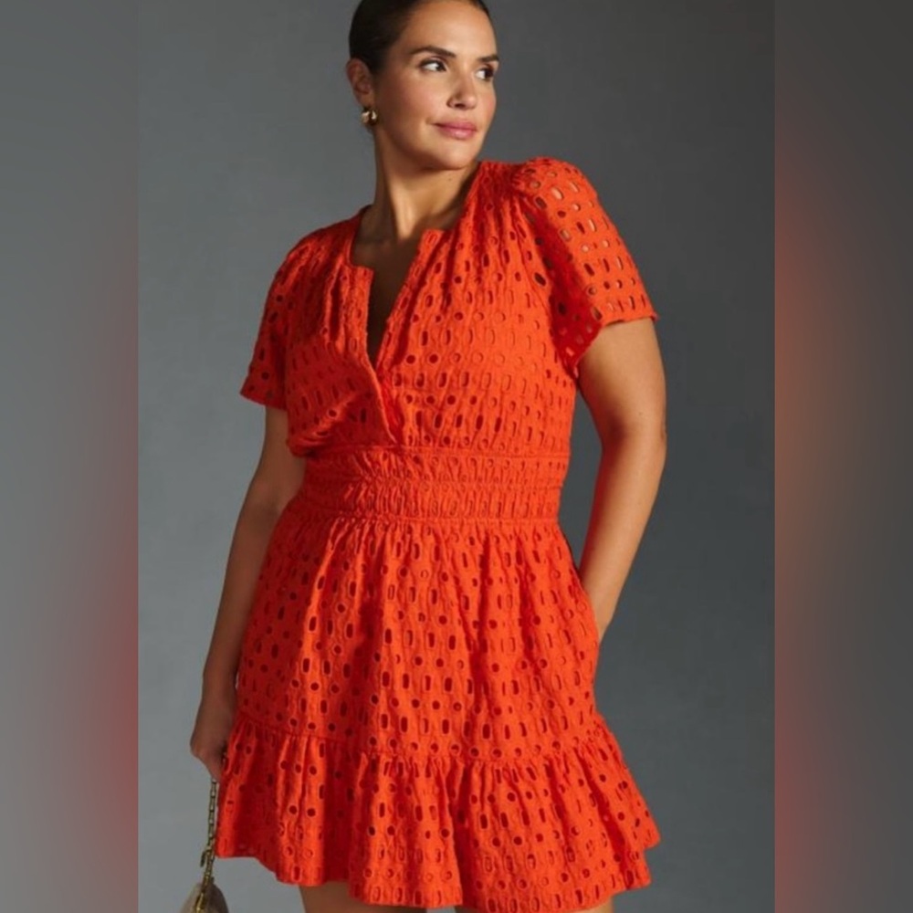 Anthropologie The Somerset Mini Dress: Eyelet Hot Bright Coral Orange Like New